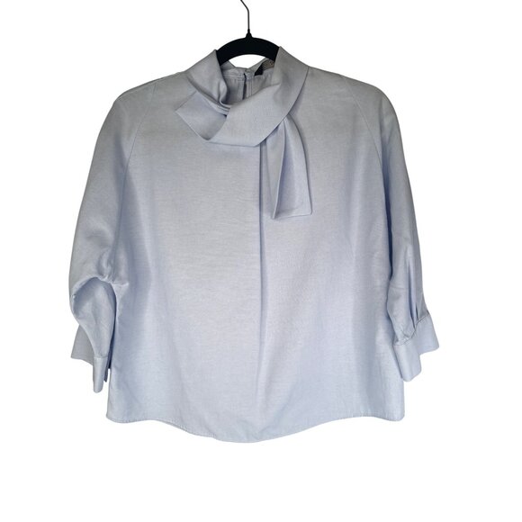 2/$30 Zara Basic Blue Blouse XS Long Sleeve Button Cuff Bow Tie Neck - Picture 9 of 14